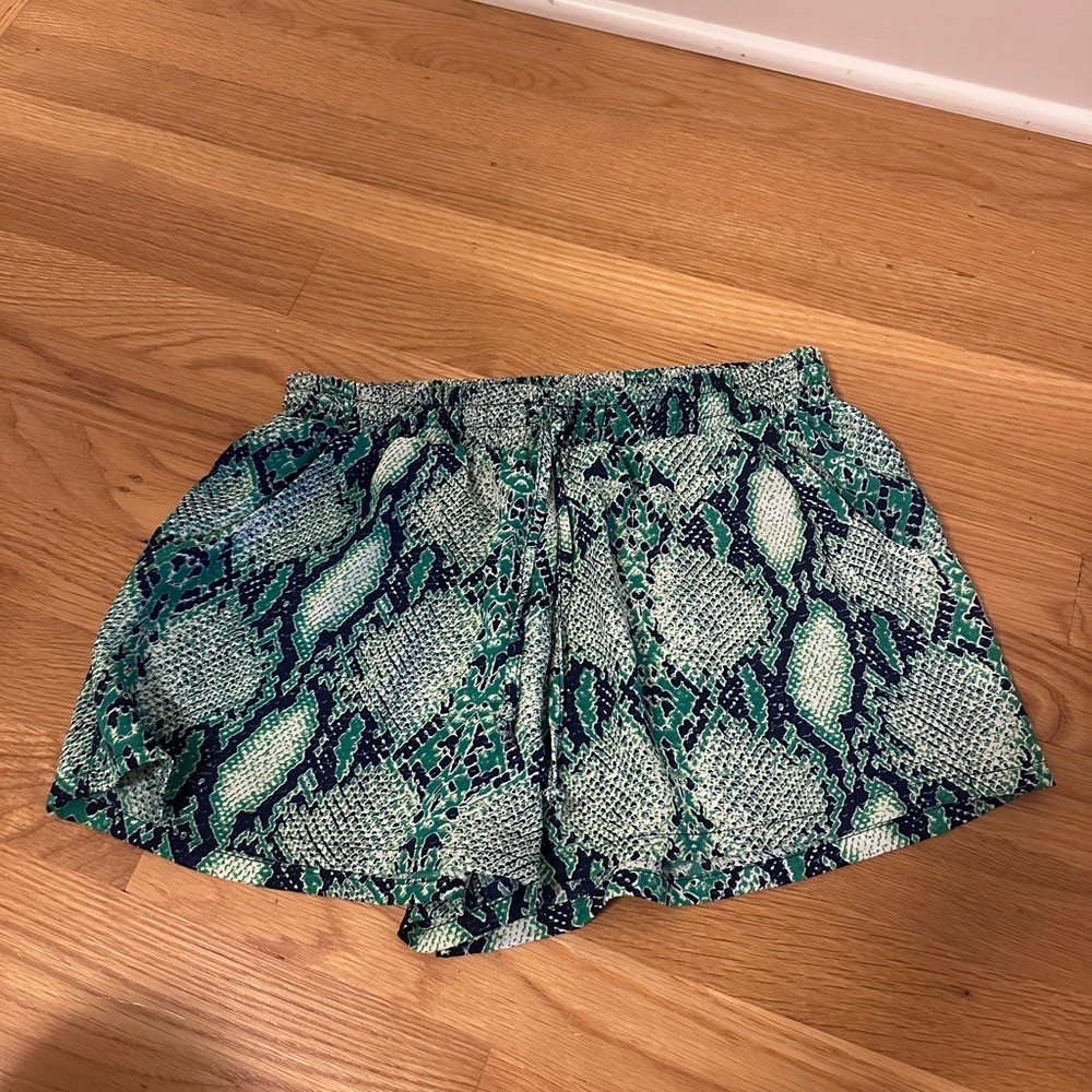 Olivaceous Green and Teal Snake-Print Shorts